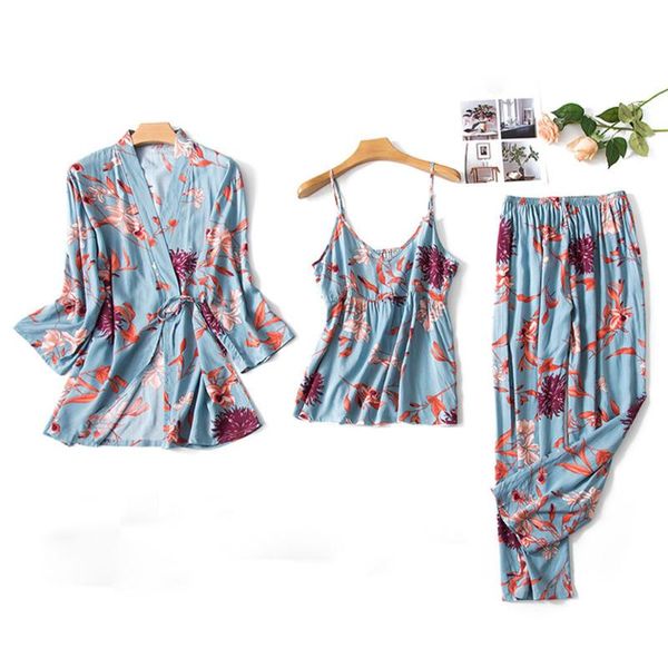 

2019 summer women print pajamas sleepwear long trousers nightwear 3pc set vaatteet store, Blue;gray