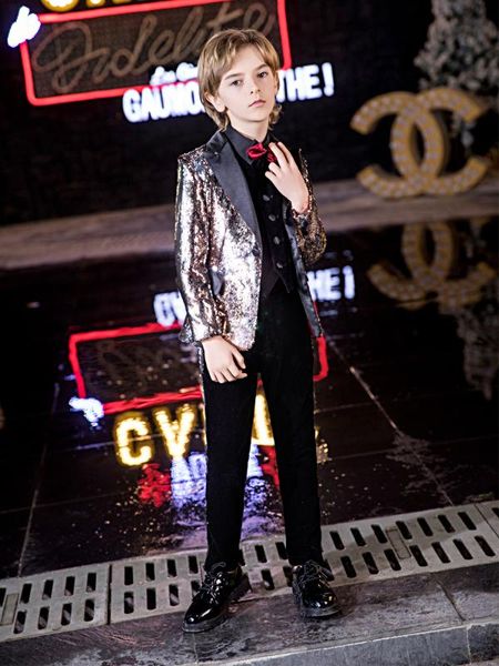 

yuanlu kids suit блестки блейзер куртка формальный костюм детская одежда для вечеринки свадебное представление мальчиков костюм, Black
