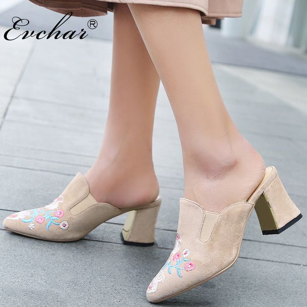

evchar new flock elegant high heels embroider slippers ethnic chinese style pointed toe square heels women shoes slides 33-46, Black