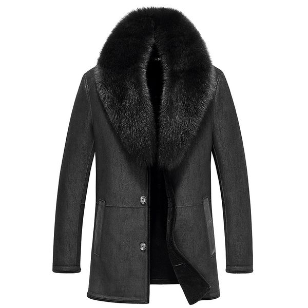 

leather jacket men sheep shearling fur coats real fur collar wool coat winter jacket jaqueta de couro 37-1879 yy507, Black