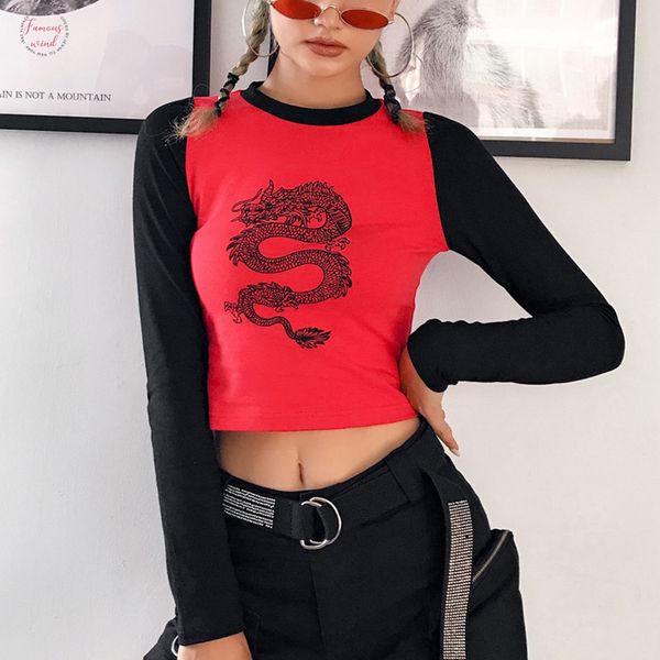 

autumn chinese style dragon printed streetwear t shirt women bodycon patchwork tees basic tshirt long sleeve bottoming top, White