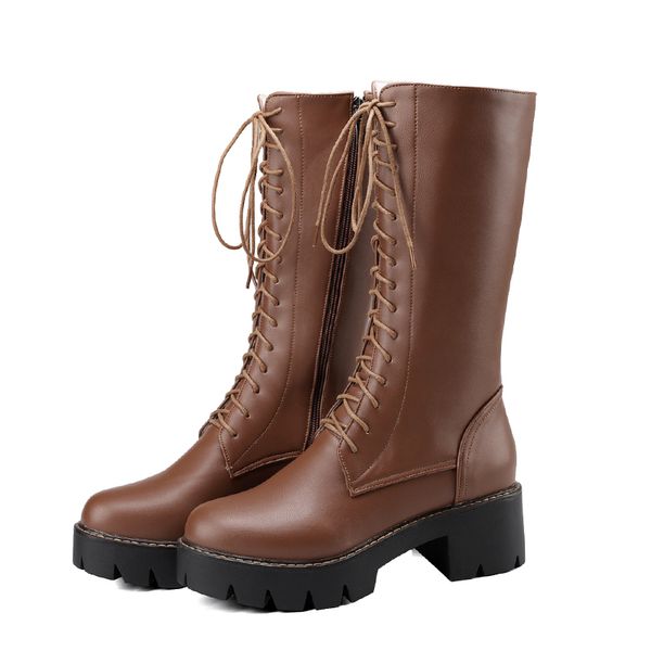 

jk thick high heels women motorcycle boots cross tied pu zip round toe footwear mid-calf boot female platform shoes women winter, Black