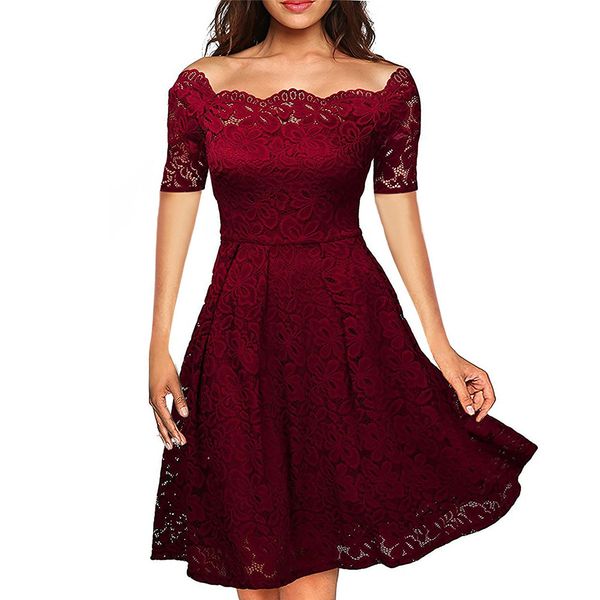 

womens vintage floral lace long sleeve boat neck cocktail party swing dress womens single neck princess short dress, Black;gray