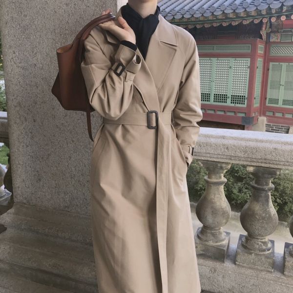 

korean chic overcoats sashes trench coats women long loose female vintage slim waist windbreaker 2019 autumn winter new, Tan;black