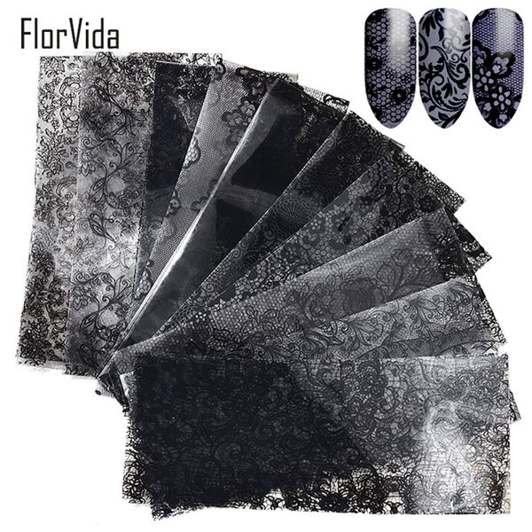 

florvida 10pcs/set 4*20cm nail art foil stickers white black lace flake pattern transfer stickers for beauty nails