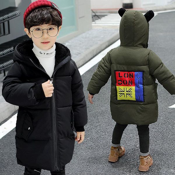 

children's clothing autumn and winter outwear boy hooded long section cotton jacket boy cartoon plus velvet thick coat casual windbreak, Blue;gray