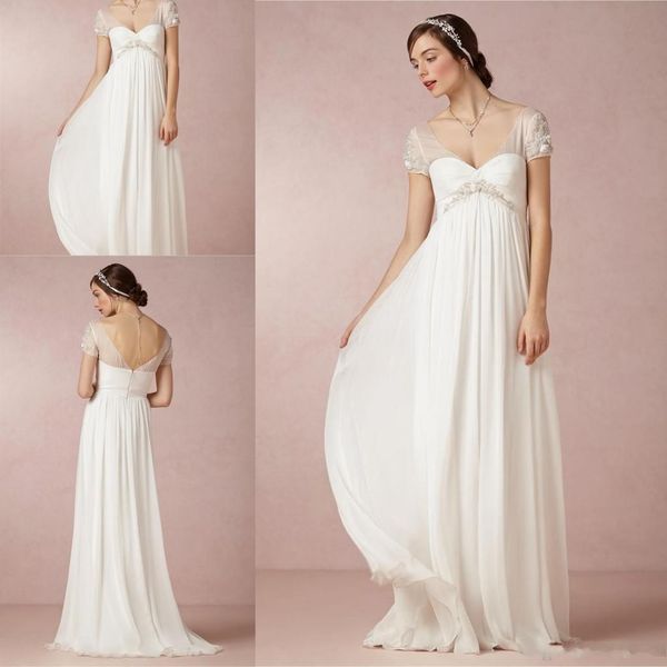 

chic 2019 simple chiffon empire maternity wedding dresses beach sheer short sleeve backless sweep train pregnant bridal gowns custom, White
