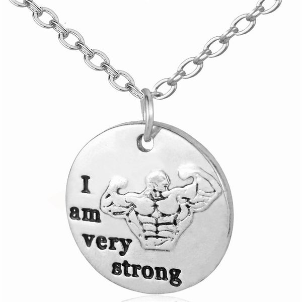 

crossfit message pendant necklace workout gym i am very strong charm necklace women inspirational quote jewelry, Silver