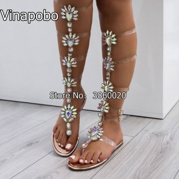 

trendy design buckle straps flat heel sandals woman knee high rhinestone gladiator sandal boot bohemia style crystal beach shoe, Black