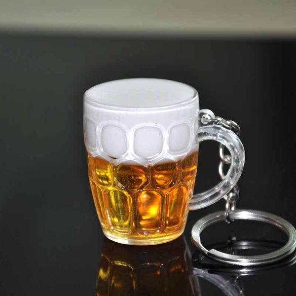 

women men resin beer cups simulation food handicraft key chain for car bag key rings pendant jewelry accessories gift, Silver