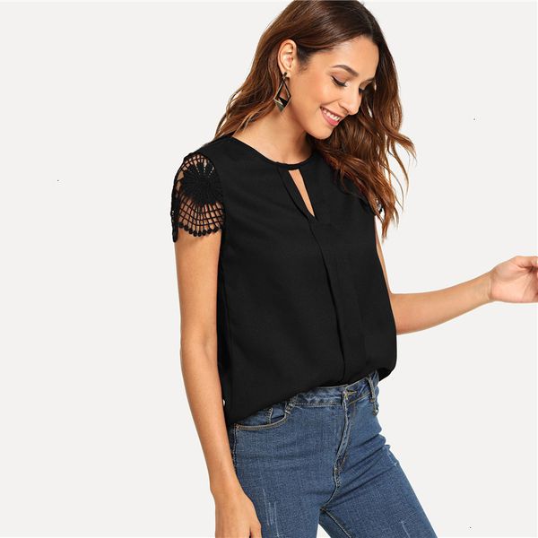 

designer women blouses cutout casual lace contrast blouse women elegant 2019 summer women workwear solid inelastic regular blouses, White