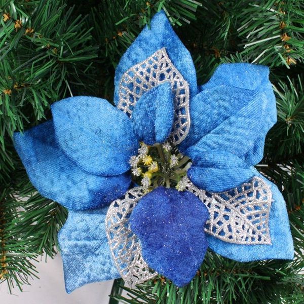 

new christmas party tree floral decoration poinsettia glitter flower gold bow clip on xmas tree decor gold blue red purple color