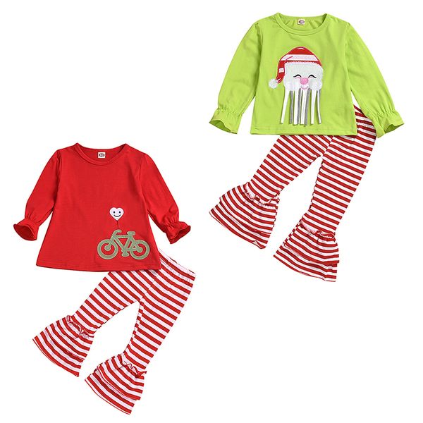 

kids clothes girls outfits christmas children santa claus stripe flare pants 2pcs/set autumn spring baby clothing sets c1890, White