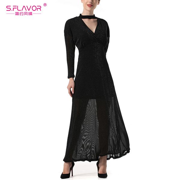 

s.flavor 2020 женщин элегантный сетки длинное платье с длинным рукавом sexy v шеи партии vestidos de весна тонкий лоскутная maxi платье, Black;gray