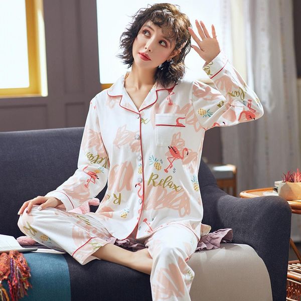 

100% cotton pajama sets for women 2019 autumn long sleeve flamingo print sleepwear suit homewear loungewear pijama mujer clothes, Black;red