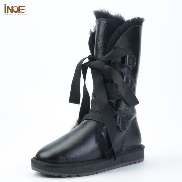 

inoe fashion lace up snow boots for women sheepskin leather natural sheep wool fur lined girls winter shoes waterproof black