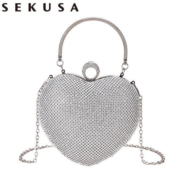 

sekusa heart women wedding evening bags full rhinestones finger ring day clutches small handle chain shoulder party handbags
