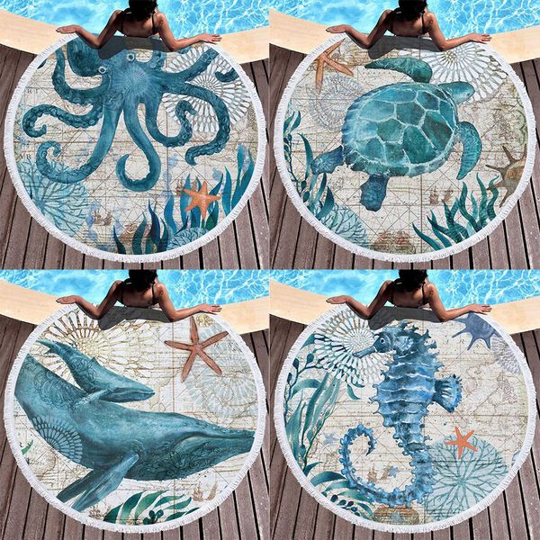 Acheter Rétro Vintage Sea Life Serviette De Plage Poulpe Tortue Baleine Hippocampe Imprimer Microfibre Ronde Tissu Serviettes De Bain Pour Le Salon