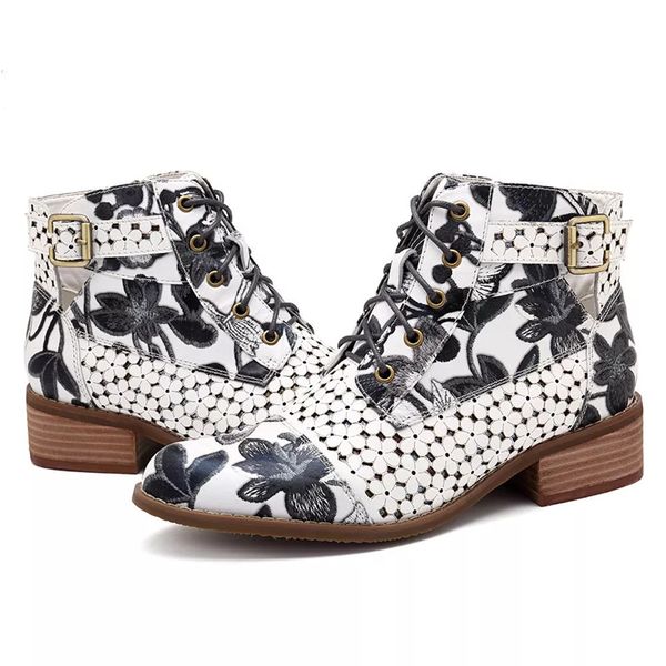 

adisputent ethnic boots flower pattern autumn strappy short boot stylish boots pointed toe leather ankle shoes low heel, Black