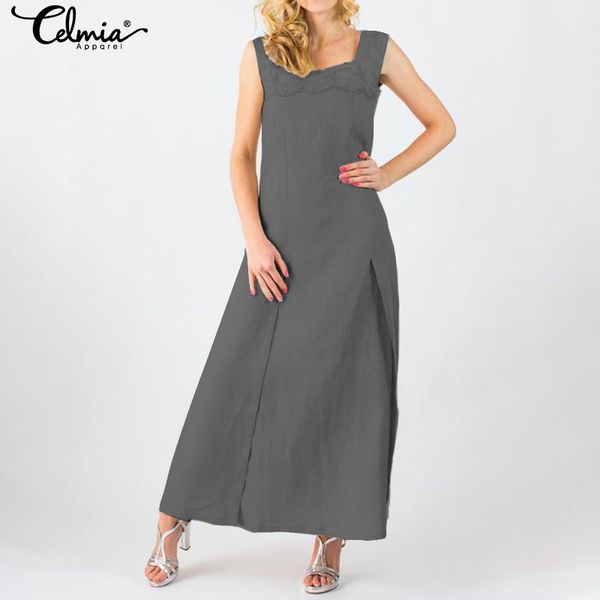 

summer dress 2019 celmia women sleeveless lace patchwork long shirt dresses casual loose pleated party maxi vestidos s-5xl, Black;gray