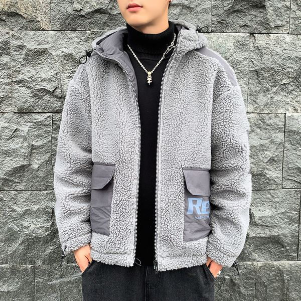 

2020 winter men's fur fleece new fashion coat overcoat male lapel warm fluff gray zipper hooded jacket outerwear plus size nz3, Black