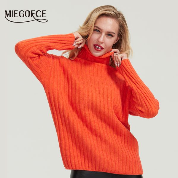 

miegofce 2019 women's winter autumn semi-sweater women's high collar sweaters female 100% polyester knitted sweater solid color, White;black