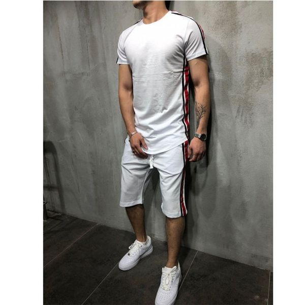 

Summer Short Sleeve Mens Tracksuits Crew Neck Shorts Striped Print Mens Sprots Suits Fashion Running Suits