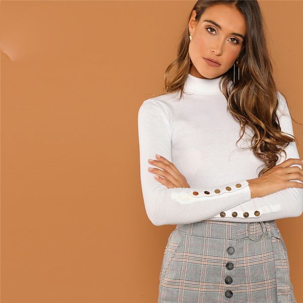 

женская дизайнерская одежда с длинным рукавом женщин белый застегнутом манжета slim fit эластичный t shirt шея длинные рукава дамы твердая о, White