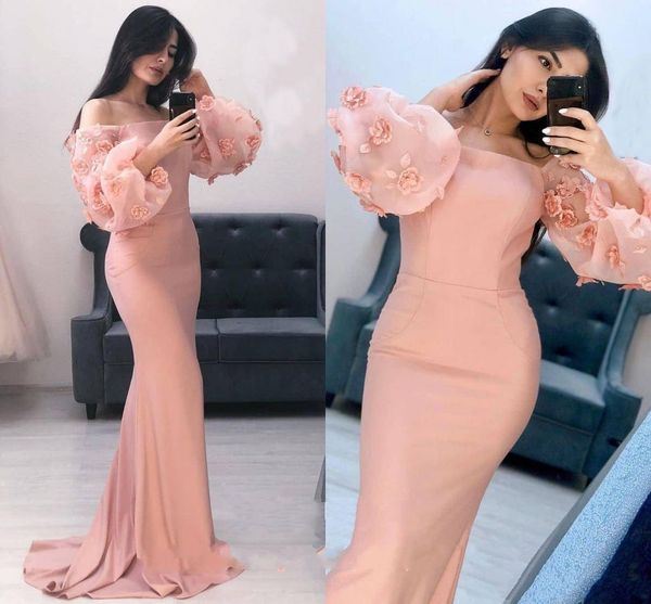 Nuovo designer economico Aso Ebi Pink Arabic Mermaid Prom Dresses 3D-Appliques floreali Maniche lunghe Elegante abito formale Abiti da sera