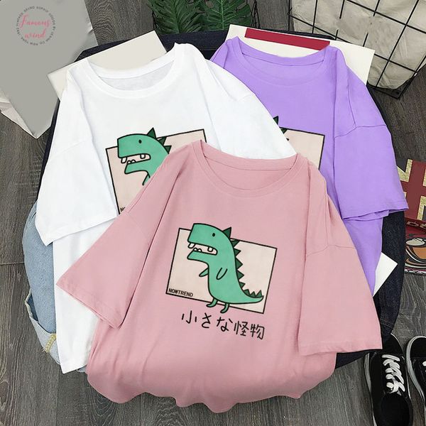 

womens o neck dinosaur print loose t shirt soft casual female short 2020 summer streetwear casual t shirts couple, White