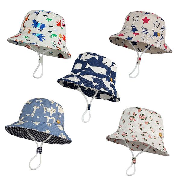 

children bucket hats kids stingy brim hats animal stars floral printing fisherman beach sun hat folding caps m1952, Yellow