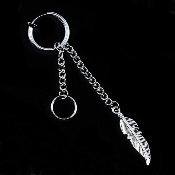 

1pc single punk rock titanium steel no ear hole earrings feathers long chain tassel clip earring male female fashion jewelry, Silver
