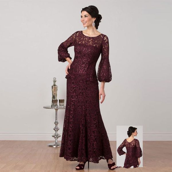 

Burgundy mermaid lace mother of the bride dre e with long leeve bateau neck equined evening gown floor length wedding gue t dre