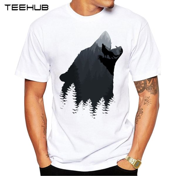 

2019 teehub men's fashion wolf mountain printed t-shirt short sleeve novelty o-neck design cool tee, White;black