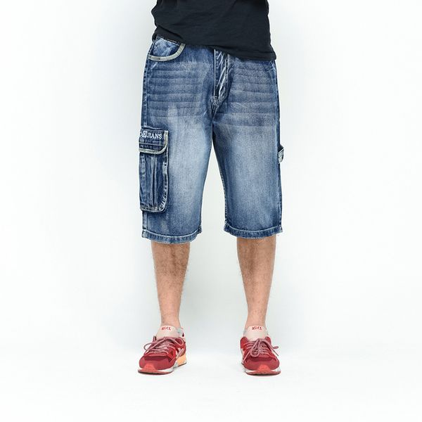 

2020 classic mens cargo denim shorts hip hop multi pockets baggy jeans shorts plus size 42 44 46, White;black