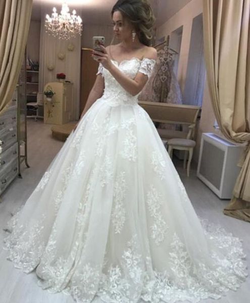 

princess a line ivory off shoulder wedding dresses lace appliques zipper back tulle bridal gowns with sweep train, White