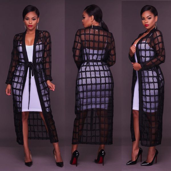 

women's long sleeve long maxi plaid checked cardigan kimono jacket blouse cover up with belt, White