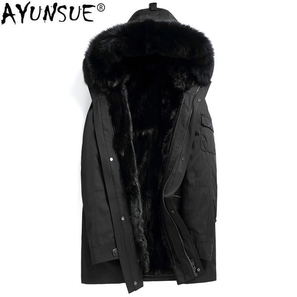 

ayunsue parka real fur coat men long winter jacket liner fur collar mens mink jackets coats parkas hombre 2019 4245, Black