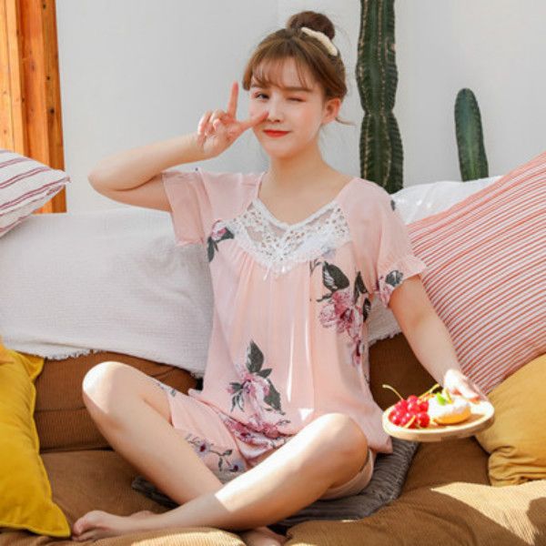 

pajamas womens summer thin short-sleeved shorts korean version of mori cute student home service pajamas set casual sleepwear new, Black;red