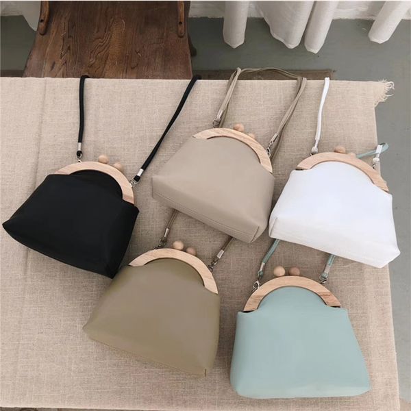 

fashion wooden handle clip messenger bags for women fresh soft crossbody bag ladies casual soild color shoulder bags pu leather