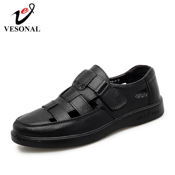 

vesonal brand 2019 summer cow leather men's sandals fashion comfortable bussiness casual male footwear hollow out sandalias, Black