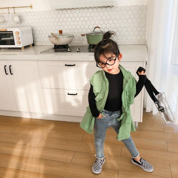 

spring 2020 new arrival korean style fashion all-match cartoon letters printed long vest coat for cool cute baby girls, Blue