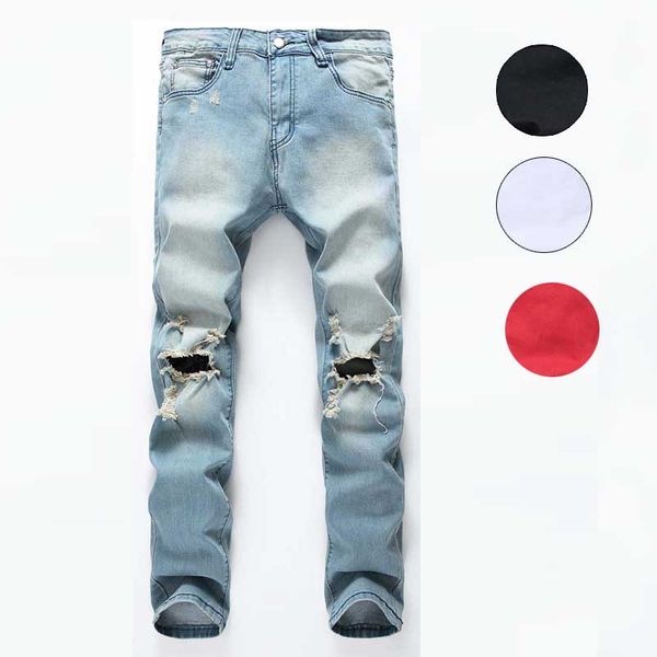 

2019 men casual jeans denim pants straight distressed knees holes regular ing, Blue