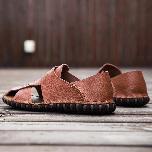 

2020 fashion summer sandals men's casual pu leather fat men house shoes non-slip shoes vintage classic male casual f327, Black