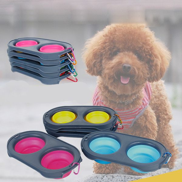 

pet collapsible feeding double bowl silicone travel food water portable outdoor dog cat foldable feeder bowls tc190422