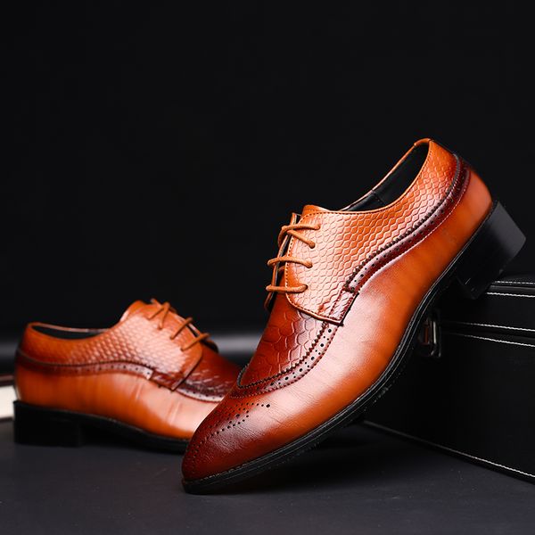 

men dress shoes plus size crocodile brogues pointed toe office wedding designer elegant classic fashion oxford shoes, Black