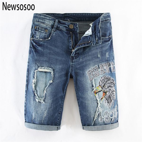 

summer style men blue shorts jeans men's fashion jeans eagle embroidery loose straight denim trousers shorts
