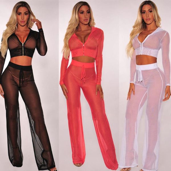 

woman transparent v-neck zipper crop beach cover ups women tracksuit bikini swimsuit cover beach wear 2pcs exotic set, Red;black