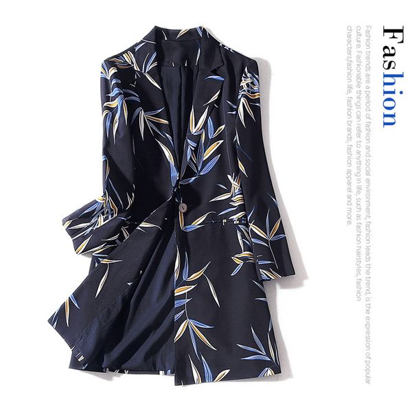 

autumn 2020 new style suit collar leaf printing long sleeve medium length 30mm heavy weight silk suit coat for women, Tan;black
