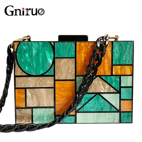 

2019 new brand acrylic patchwork evening bags vintage women messenger bags geometric pattern clutches party prom handbags purses t200113